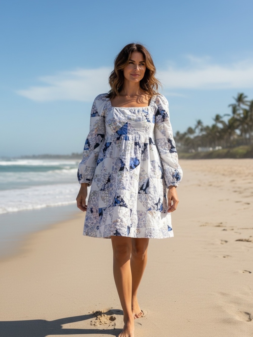 J. Crew Blue & White Square-Neck Mini Dress with Puff Sleeves